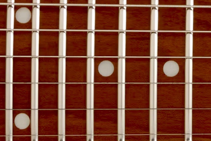 Close-up of stainless steel frets on a fretboard