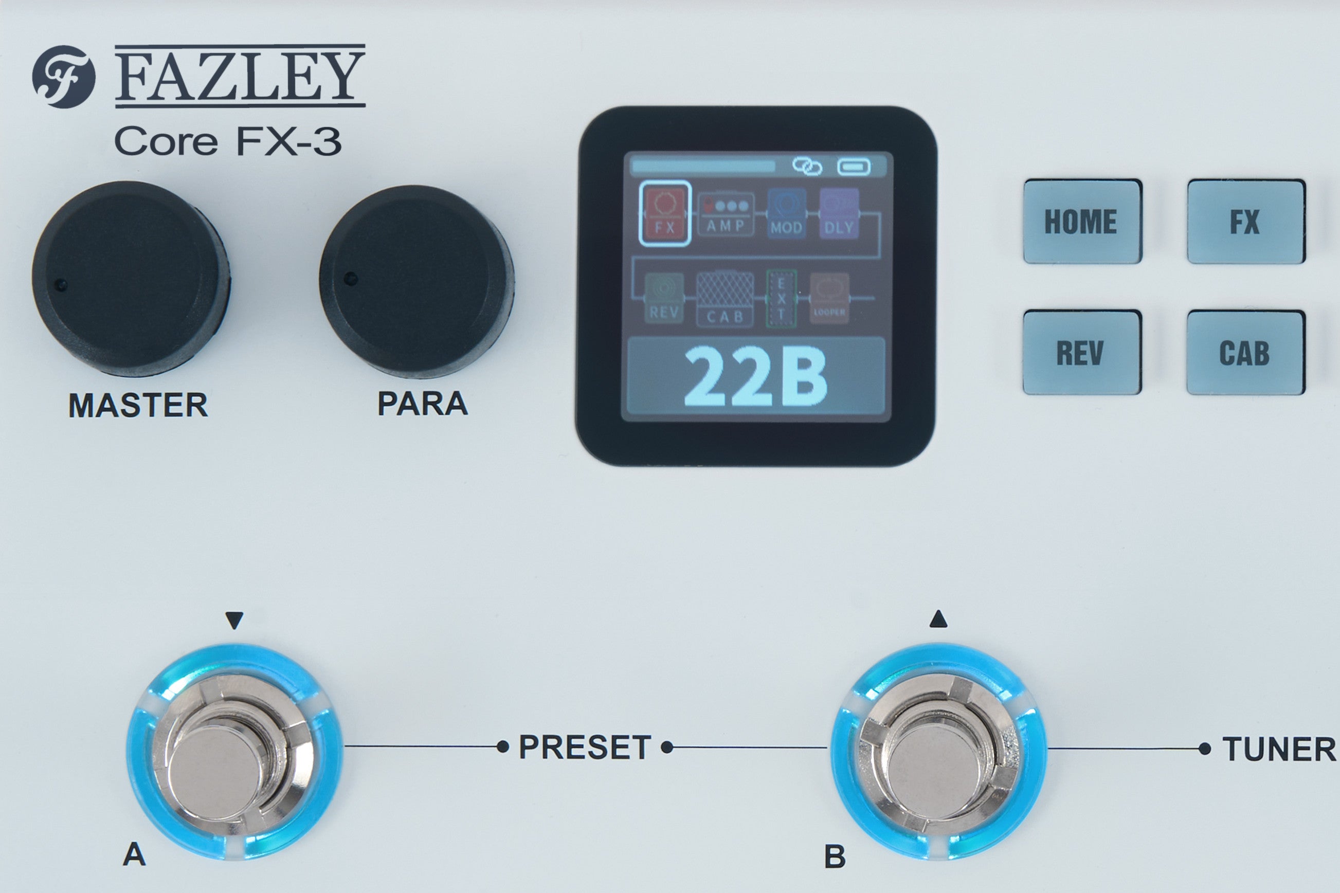 Close-up of the Fazley Core-FX3 multi-effects pedal