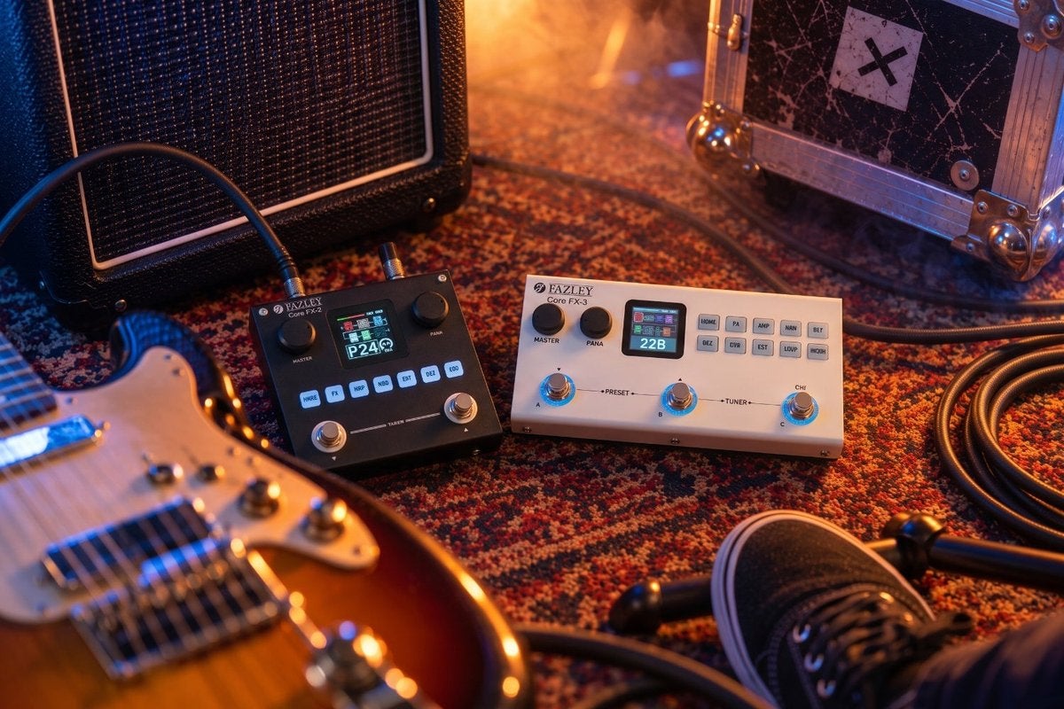 Fazley Core-FX2 and Core-FX3 multi-effects pedals on the floor next to a guitar amp